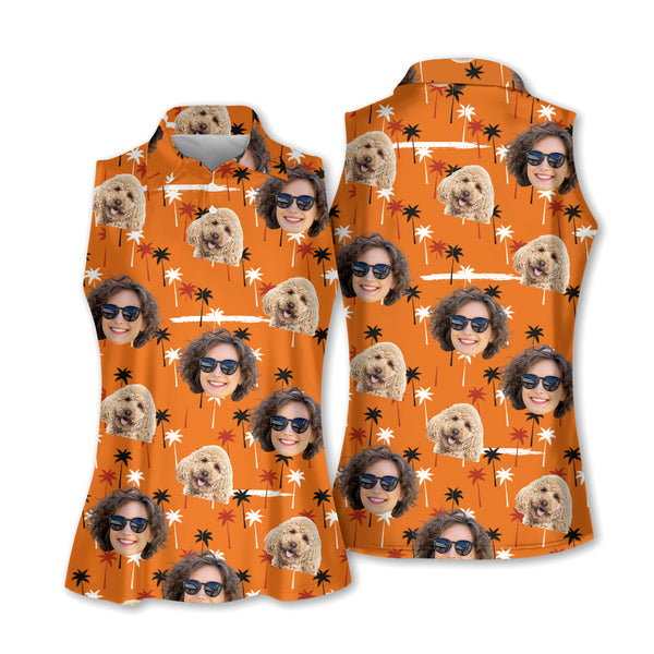 Custom Face Women's Orange Sleeveless Golf Shirts, Custom Face Funny Golf Shirts Ladies GW0068