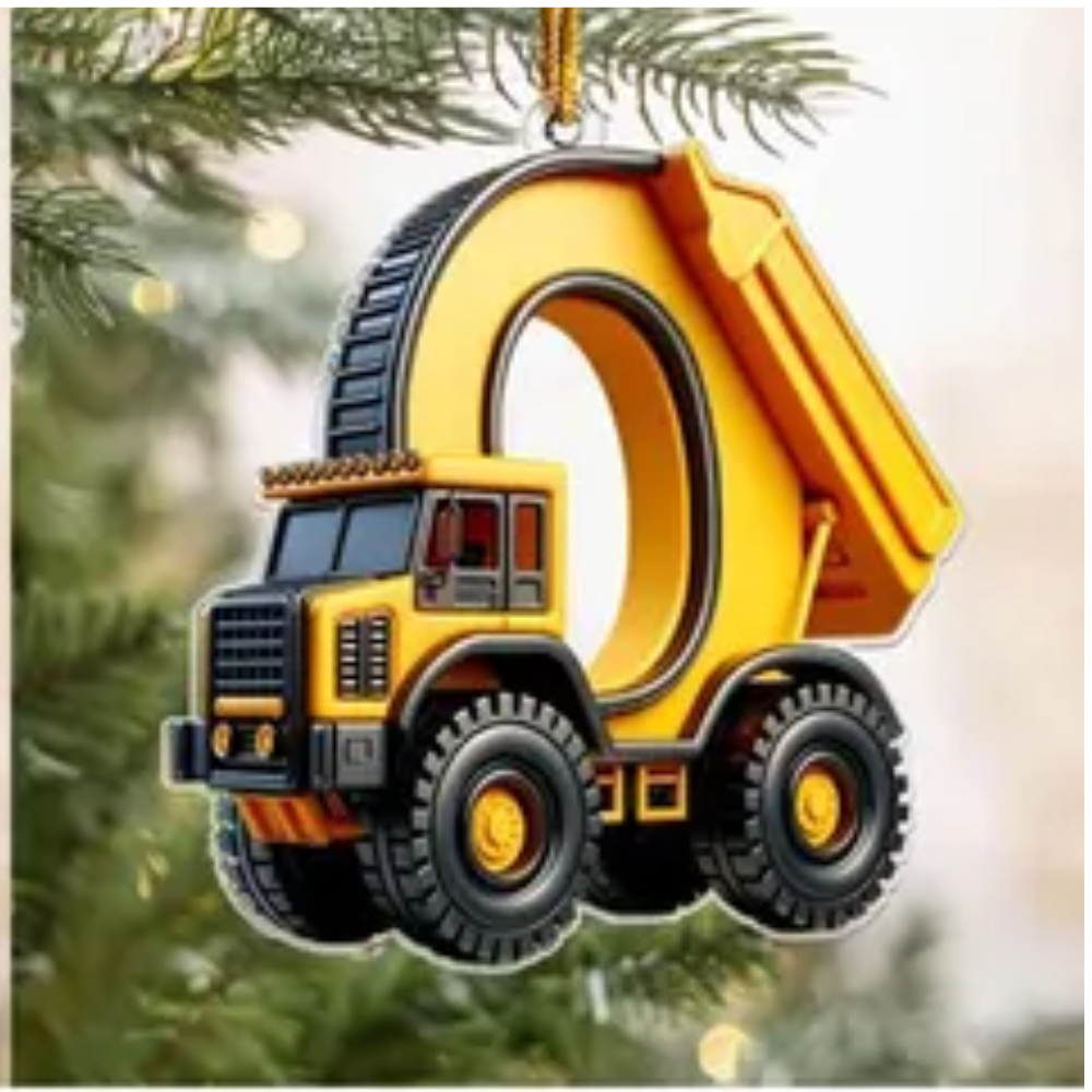 Personalized Construction Vehicle Letter Ornament 2024, Custom Initial Letter Truck Tractor Ornament ON0970