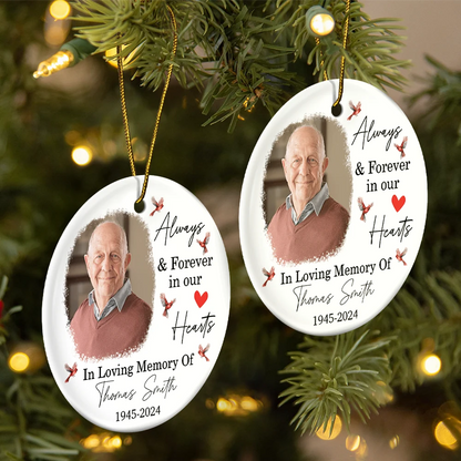 Custom Photo In Loving Memory Christmas Memorial - Personalized Circle Ceramic Ornament, Custom Always & Forever In Our Hearts Memorial Ornament ON0235