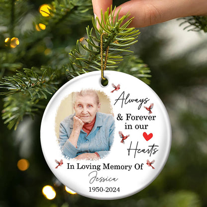 Custom Photo In Loving Memory Christmas Memorial - Personalized Circle Ceramic Ornament, Custom Always & Forever In Our Hearts Memorial Ornament ON0235