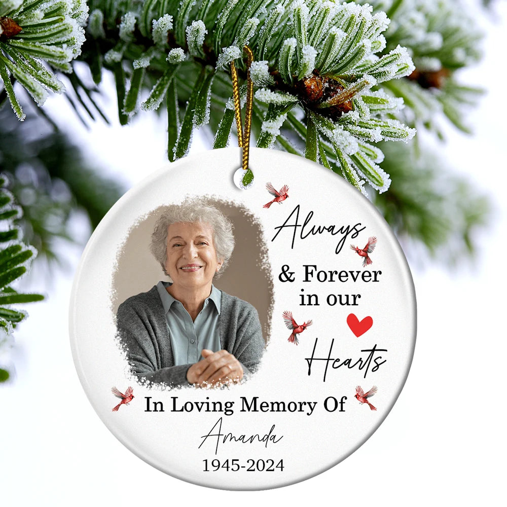 Custom Photo In Loving Memory Christmas Memorial - Personalized Circle Ceramic Ornament, Custom Always & Forever In Our Hearts Memorial Ornament ON0235