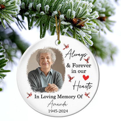 Custom Photo In Loving Memory Christmas Memorial - Personalized Circle Ceramic Ornament, Custom Always & Forever In Our Hearts Memorial Ornament ON0235