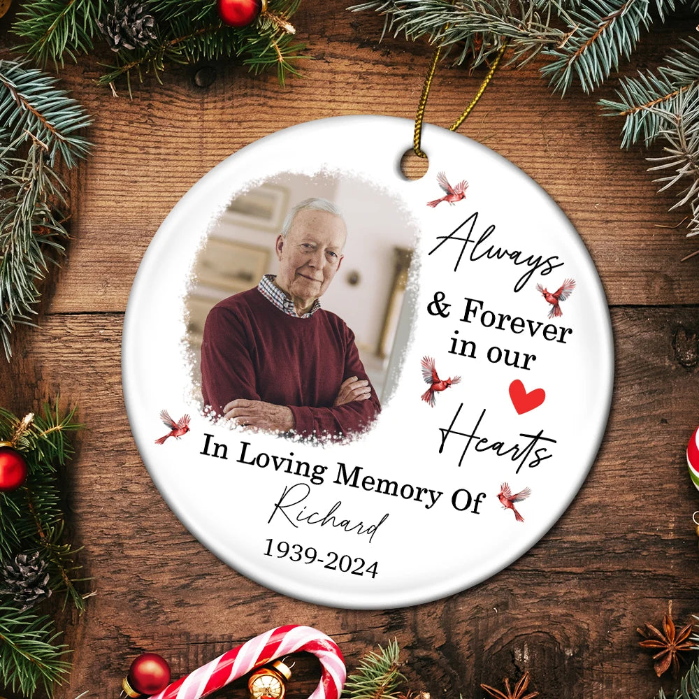 Custom Photo In Loving Memory Christmas Memorial - Personalized Circle Ceramic Ornament, Custom Always & Forever In Our Hearts Memorial Ornament ON0235