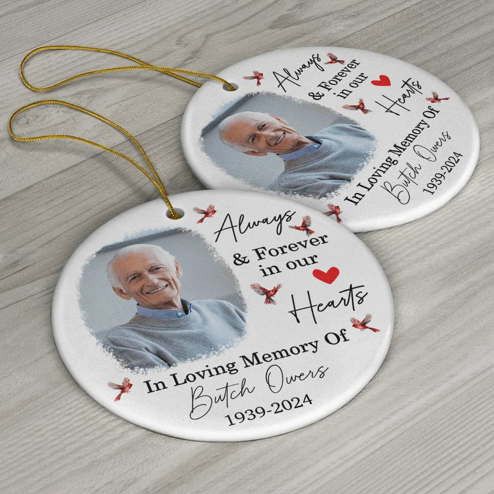 Custom Photo In Loving Memory Christmas Memorial - Personalized Circle Ceramic Ornament, Custom Always & Forever In Our Hearts Memorial Ornament ON0235