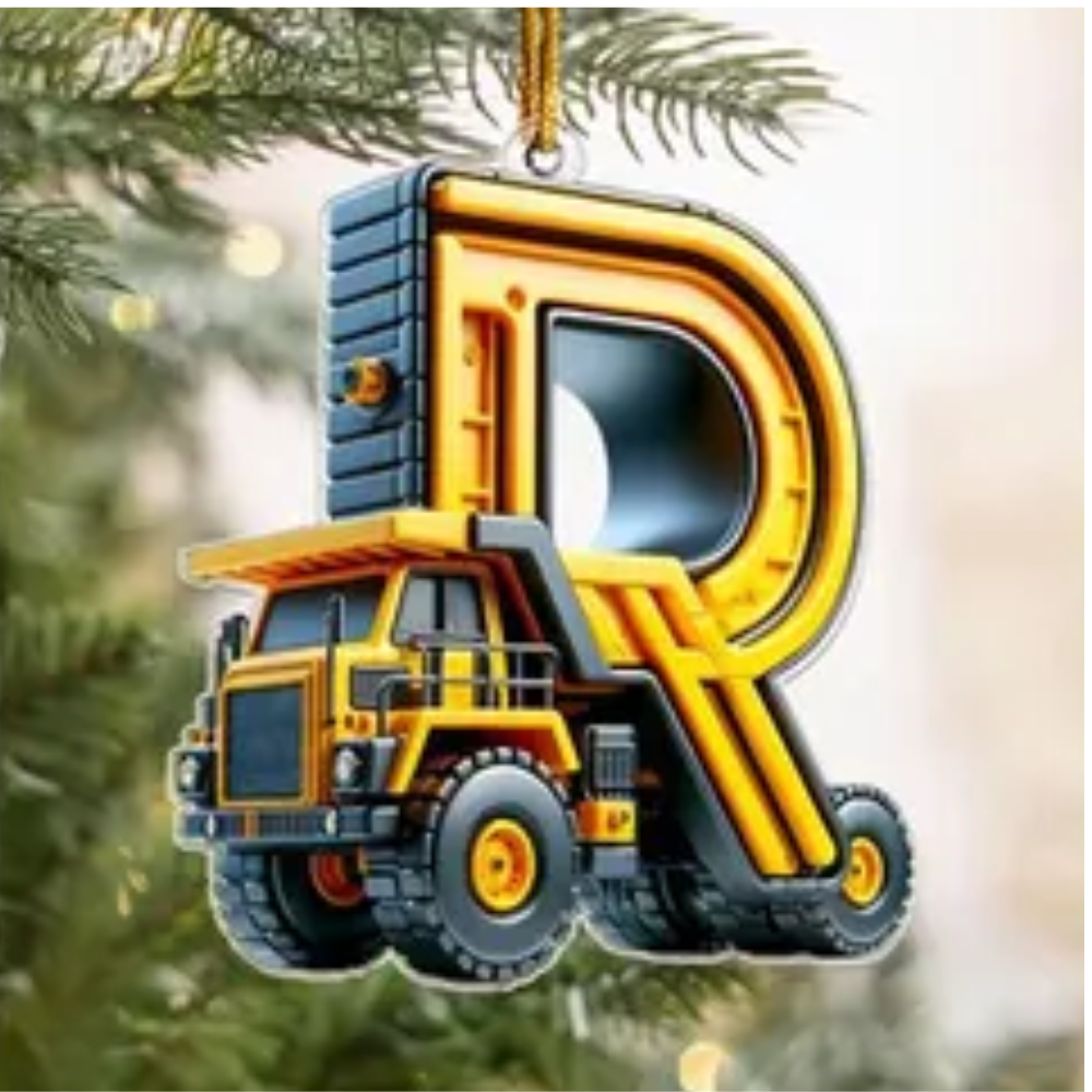 Personalized Construction Vehicle Letter Ornament 2024, Custom Initial Letter Truck Tractor Ornament ON0970