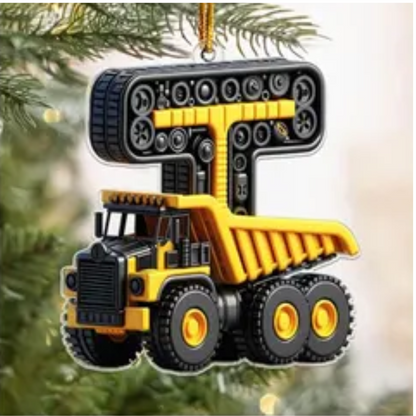 Personalized Construction Vehicle Letter Ornament 2024, Custom Initial Letter Truck Tractor Ornament ON0970