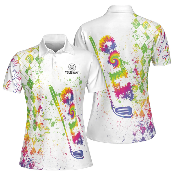 Custom Tie Dye Rainbow Golf Polo Shirt Womens, Custom Womens Tie Dye Argyle Golf Shirts GE0100