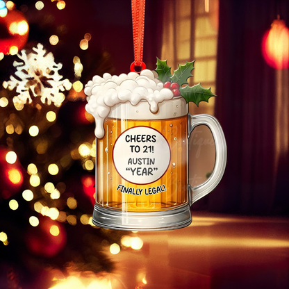 Personalized Beer Mug Christmas Ornament, Custom Turning 21 Ornament, Teenager Xmas Ornament ON1535