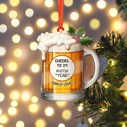 Personalized Beer Mug Christmas Ornament, Custom Turning 21 Ornament, Teenager Xmas Ornament ON1535