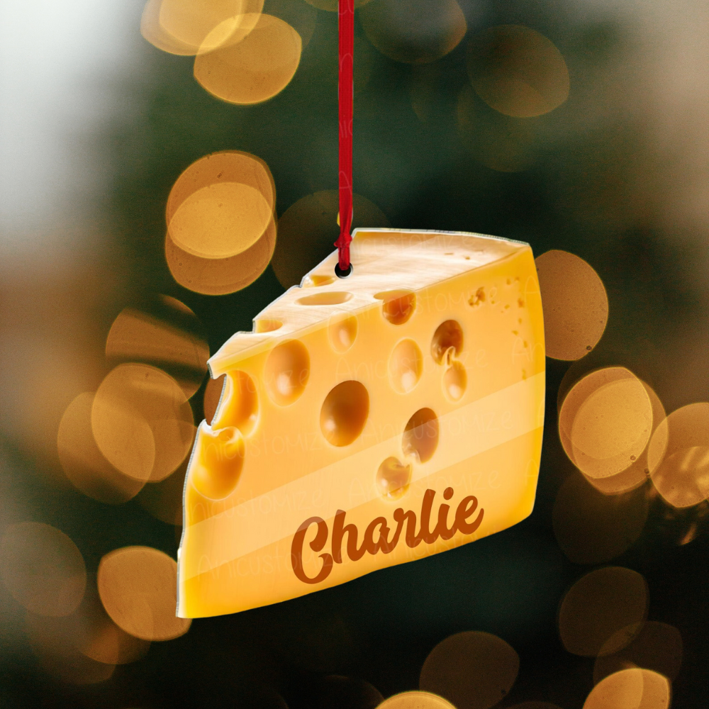 Personalized Cheese Christmas Ornament, Custom Name Small Funky Cheese Wedge Foodie Lover Ornament ON1316