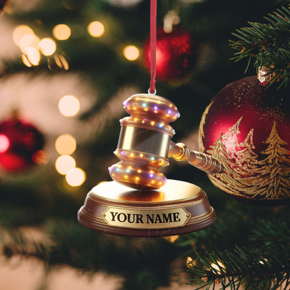 Personalized Golden Judge Gavel Christmas Light Ornament, Custom Name Loved Judge Gavel Ornament ON1029