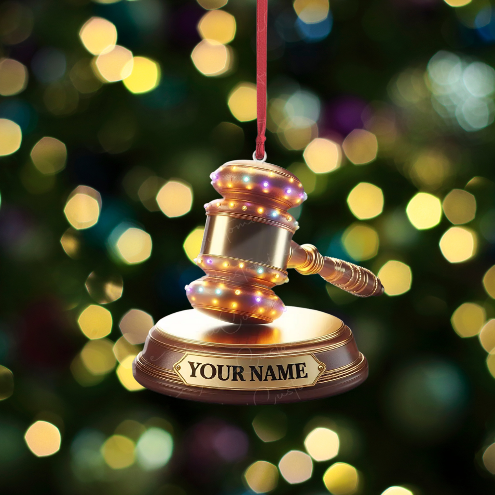 Personalized Golden Judge Gavel Christmas Light Ornament, Custom Name Loved Judge Gavel Ornament ON1029