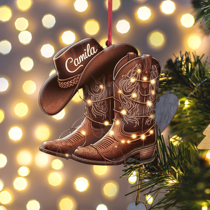 Personalized Cowboy Boots And Hat Christmas Ornament, Custom Name Cowboy Lover Ornament ON1366