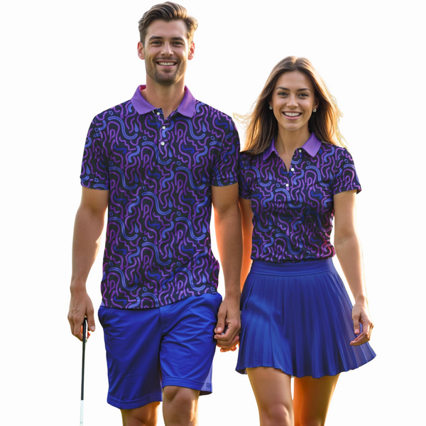 Matching Abstract Purple Golf Polo Shirts For Couples, Couples Matching Golf Shirts GE0061