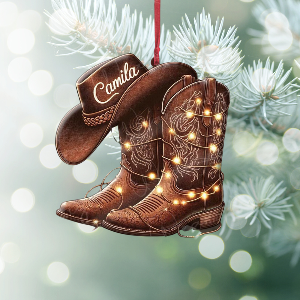 Personalized Cowboy Boots And Hat Christmas Ornament, Custom Name Cowboy Lover Ornament ON1366