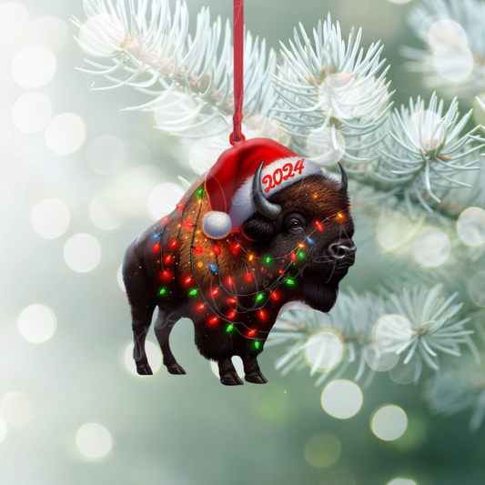 Personalized Bison Buffalo with Santa Hat Christmas Light Ornament, Custom Buffalo Lover Ornament ON1673