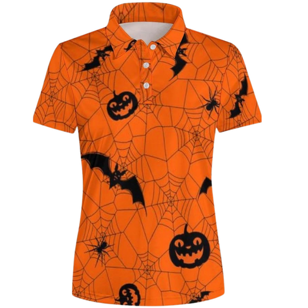 Womens Bat and Pumpkin Halloween Orange Golf Polo Shirts, Women's Halloween Golf Shirt GZ0102