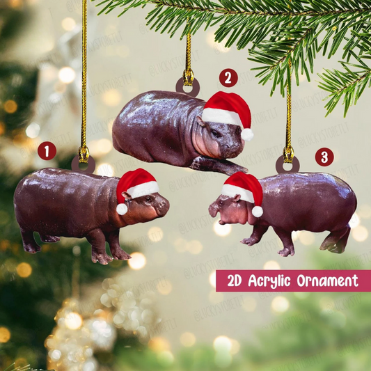 Cute Baby Hippo Moo Deng Christmas Ornament, Pygmy Hippo Lover Ornament, Hippo Christmas Ornament ON0512