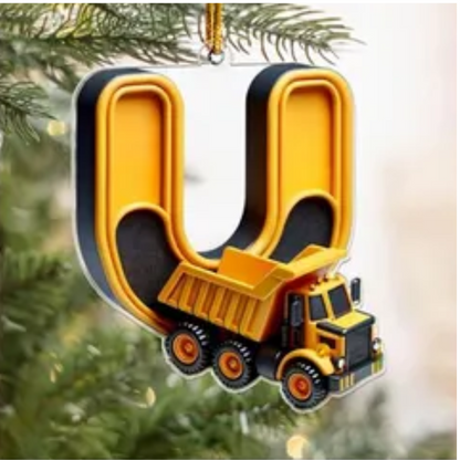 Personalized Construction Vehicle Letter Ornament 2024, Custom Initial Letter Truck Tractor Ornament ON0970