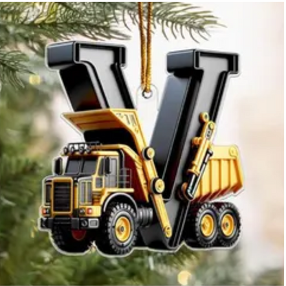 Personalized Construction Vehicle Letter Ornament 2024, Custom Initial Letter Truck Tractor Ornament ON0970