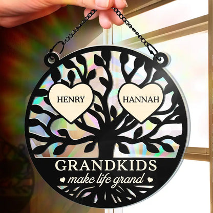 Tree Of Heart Grandkids Make Life Grand - Personalized Window Hanging Rainbow Suncatcher, Personalized Grandkids Christmas Ornament For Grandma ON0377