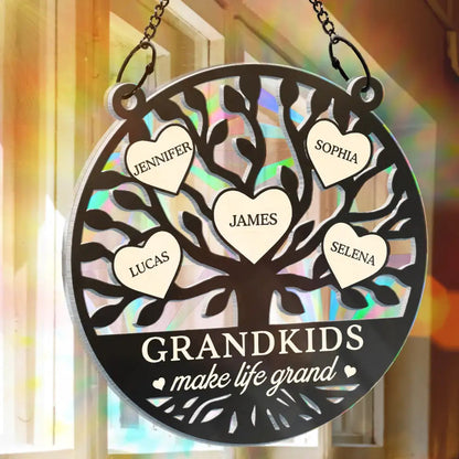 Tree Of Heart Grandkids Make Life Grand - Personalized Window Hanging Rainbow Suncatcher, Personalized Grandkids Christmas Ornament For Grandma ON0377