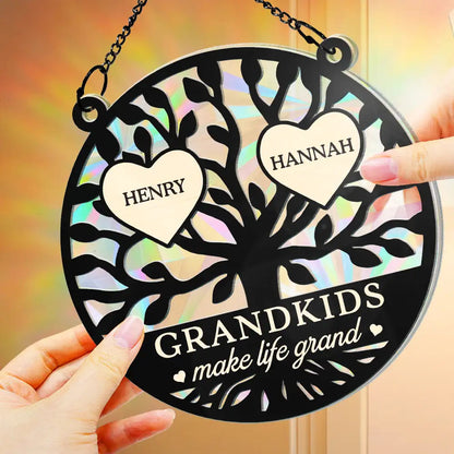 Tree Of Heart Grandkids Make Life Grand - Personalized Window Hanging Rainbow Suncatcher, Personalized Grandkids Christmas Ornament For Grandma ON0377