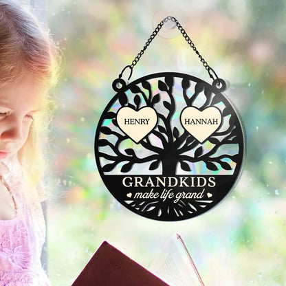 Tree Of Heart Grandkids Make Life Grand - Personalized Window Hanging Rainbow Suncatcher, Personalized Grandkids Christmas Ornament For Grandma ON0377