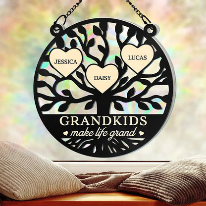 Tree Of Heart Grandkids Make Life Grand - Personalized Window Hanging Rainbow Suncatcher, Personalized Grandkids Christmas Ornament For Grandma ON0377