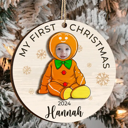 Custom Photo Baby's First Christmas Costumes - Personalized 2-Layered Wooden Ornament, Baby First Christmas Ornament 2024 ON0014