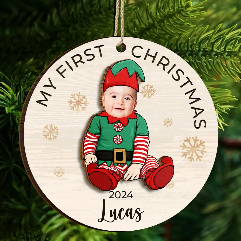 Custom Photo Baby's First Christmas Costumes - Personalized 2-Layered Wooden Ornament, Baby First Christmas Ornament 2024 ON0014