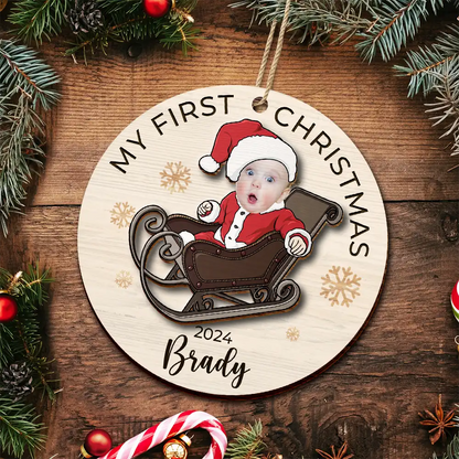 Custom Photo Baby's First Christmas Costumes - Personalized 2-Layered Wooden Ornament, Baby First Christmas Ornament 2024 ON0014