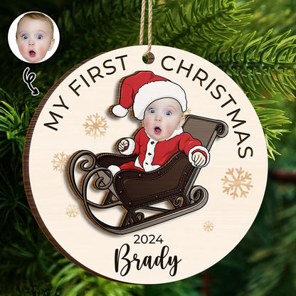 Custom Photo Baby's First Christmas Costumes - Personalized 2-Layered Wooden Ornament, Baby First Christmas Ornament 2024 ON0014