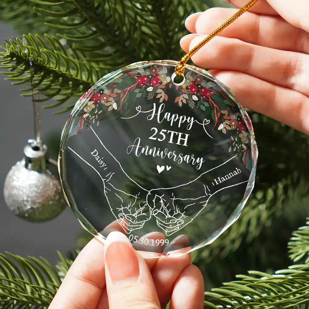 Happy Anniversary Celebrating Married - Personalized Circle Glass Ornament, Custom Celebrating 25 Years Married Ornament With Couple Name ON0046