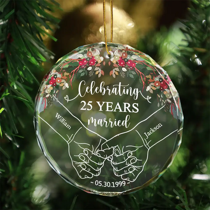 Happy Anniversary Celebrating Married - Personalized Circle Glass Ornament, Custom Celebrating 25 Years Married Ornament With Couple Name ON0046