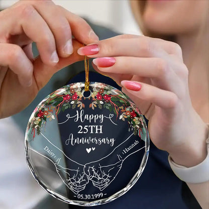 Happy Anniversary Celebrating Married - Personalized Circle Glass Ornament, Custom Celebrating 25 Years Married Ornament With Couple Name ON0046