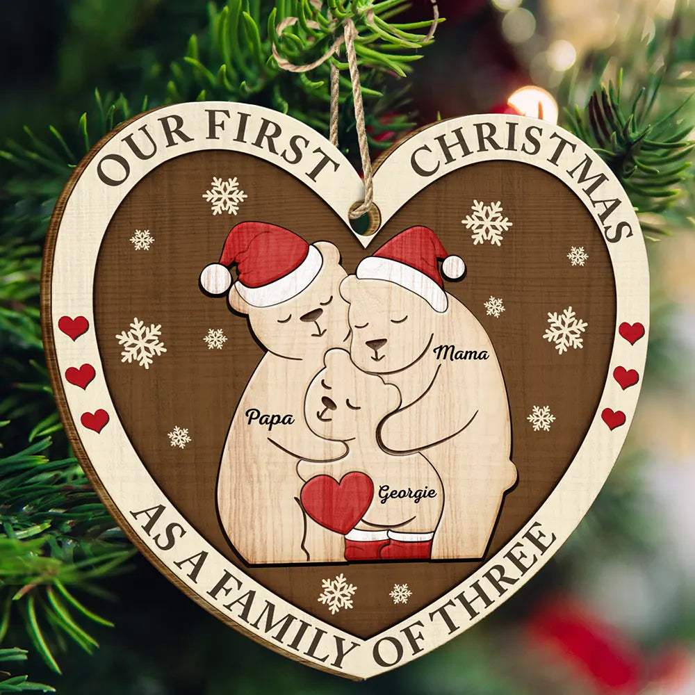 First Christmas As A Family Of Three Bears - Personalized Custom Shaped Wooden Ornament, Personalized Family Christmas Ornament 2024 ON0234