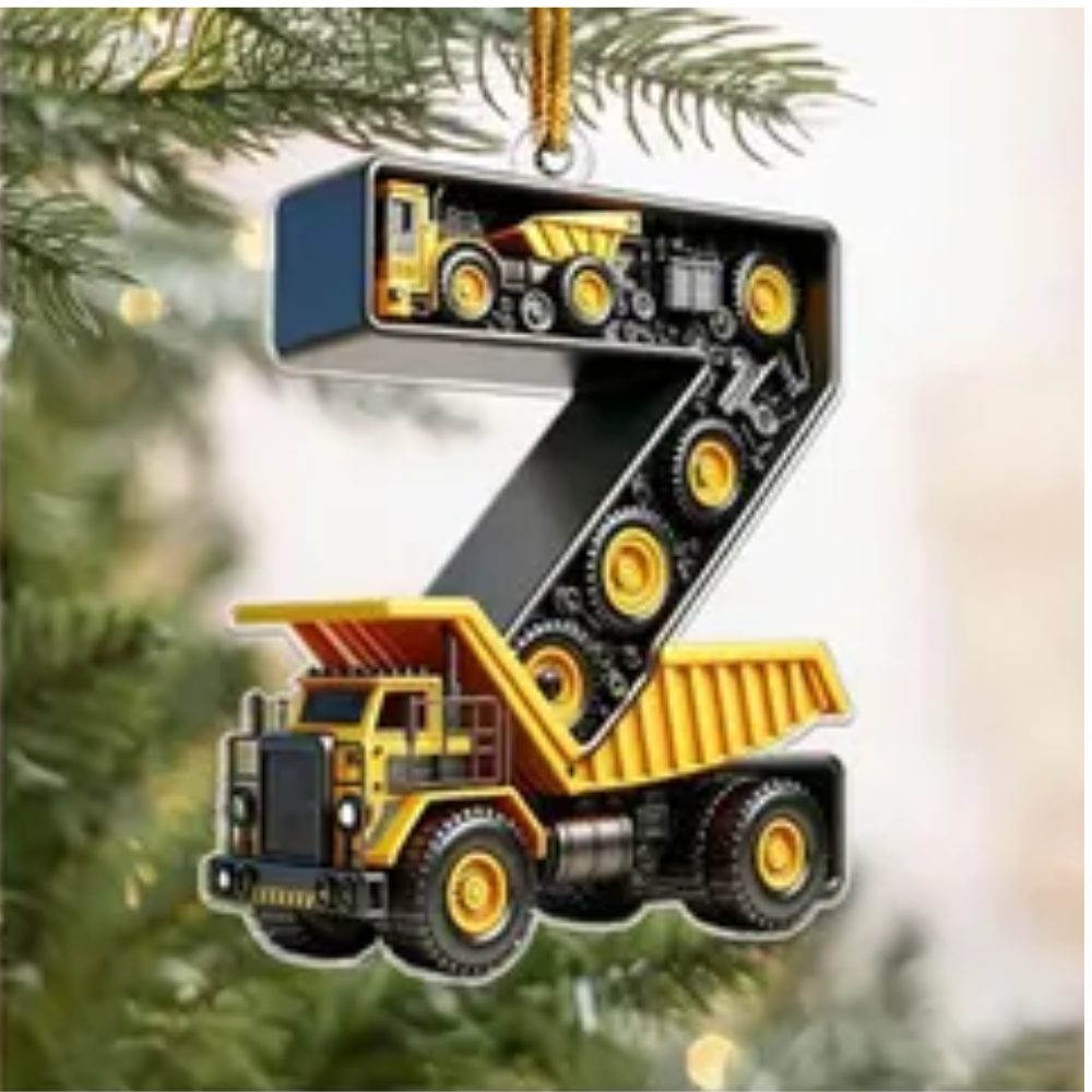 Personalized Construction Vehicle Letter Ornament 2024, Custom Initial Letter Truck Tractor Ornament ON0970