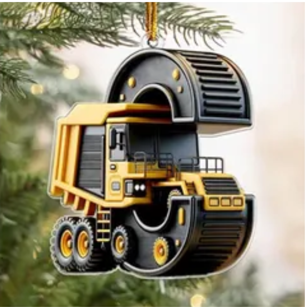 Personalized Construction Vehicle Letter Ornament 2024, Custom Initial Letter Truck Tractor Ornament ON0970