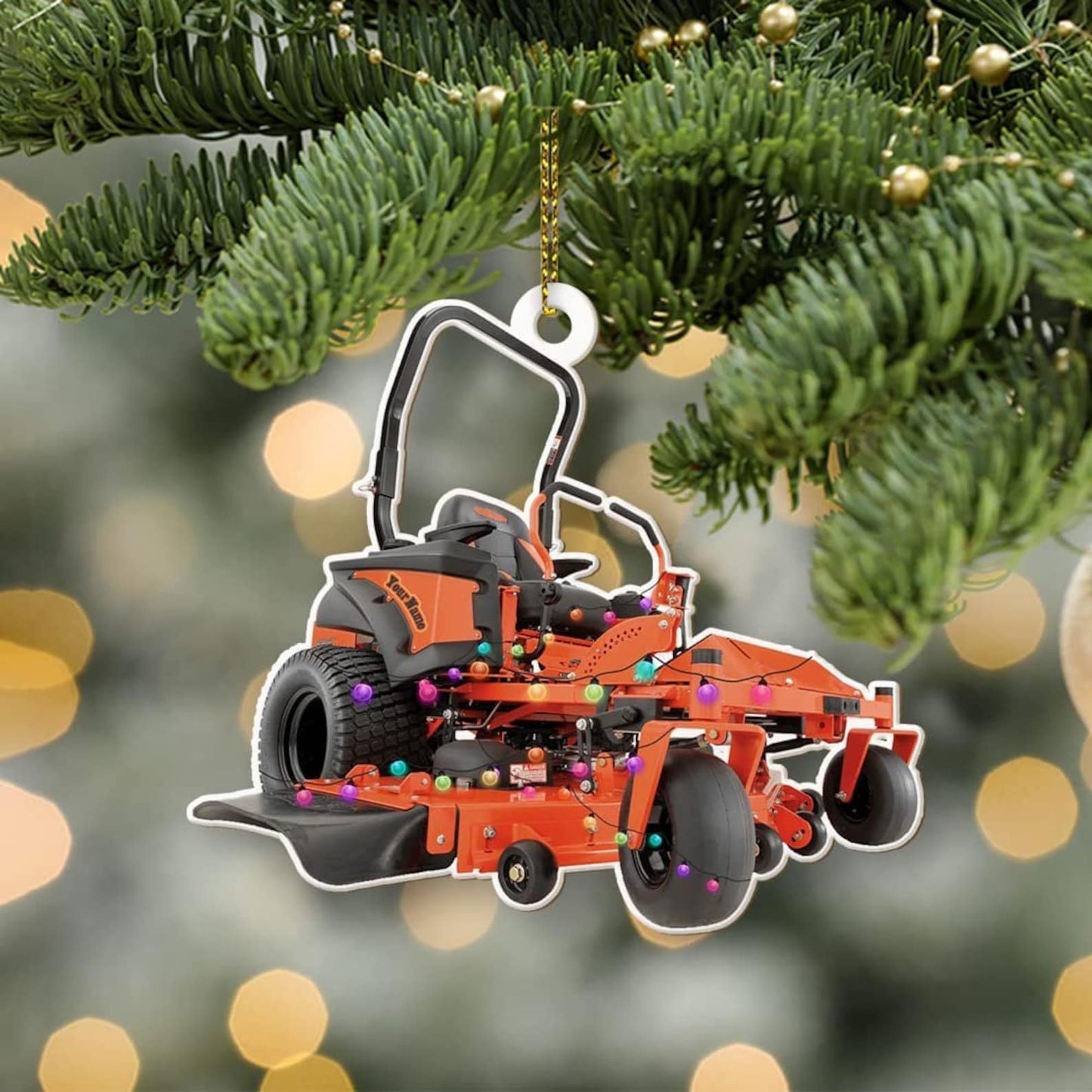 Personalized Orange Lawn Mowers Light Christmas Ornament, Custom Name Riding Mowers with Xmas Light Ornament 2024 ON0799