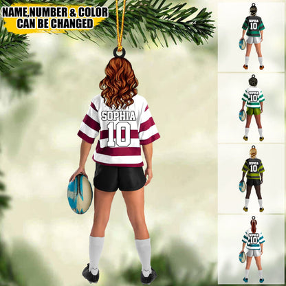 Personalized Rugby Female Girl Woman Player Acrylic Christmas Ornament, Custom Name And Number Rugby Player Ornament ON0504