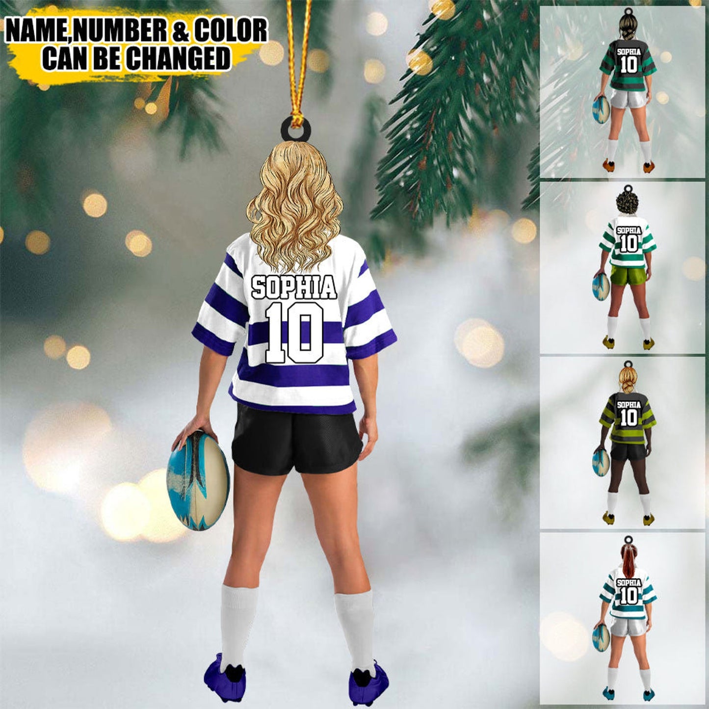 Personalized Rugby Female Girl Woman Player Acrylic Christmas Ornament, Custom Name And Number Rugby Player Ornament ON0504