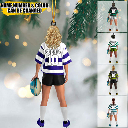 Personalized Rugby Female Girl Woman Player Acrylic Christmas Ornament, Custom Name And Number Rugby Player Ornament ON0504