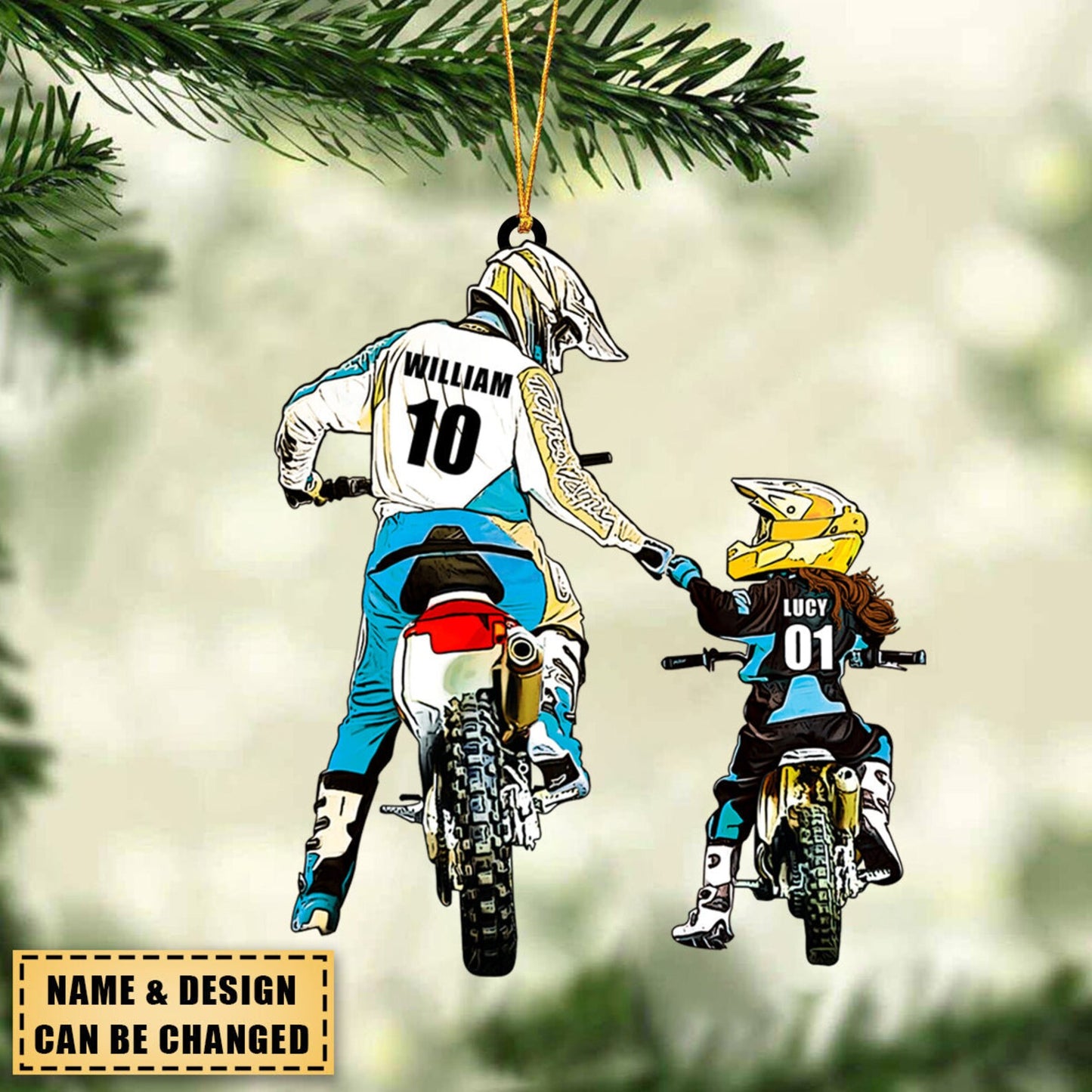 Personalized Dad And Kid Motocross Racer Ornament, Custom Name Dirt Biker Flat Christmas Ornament ON0437