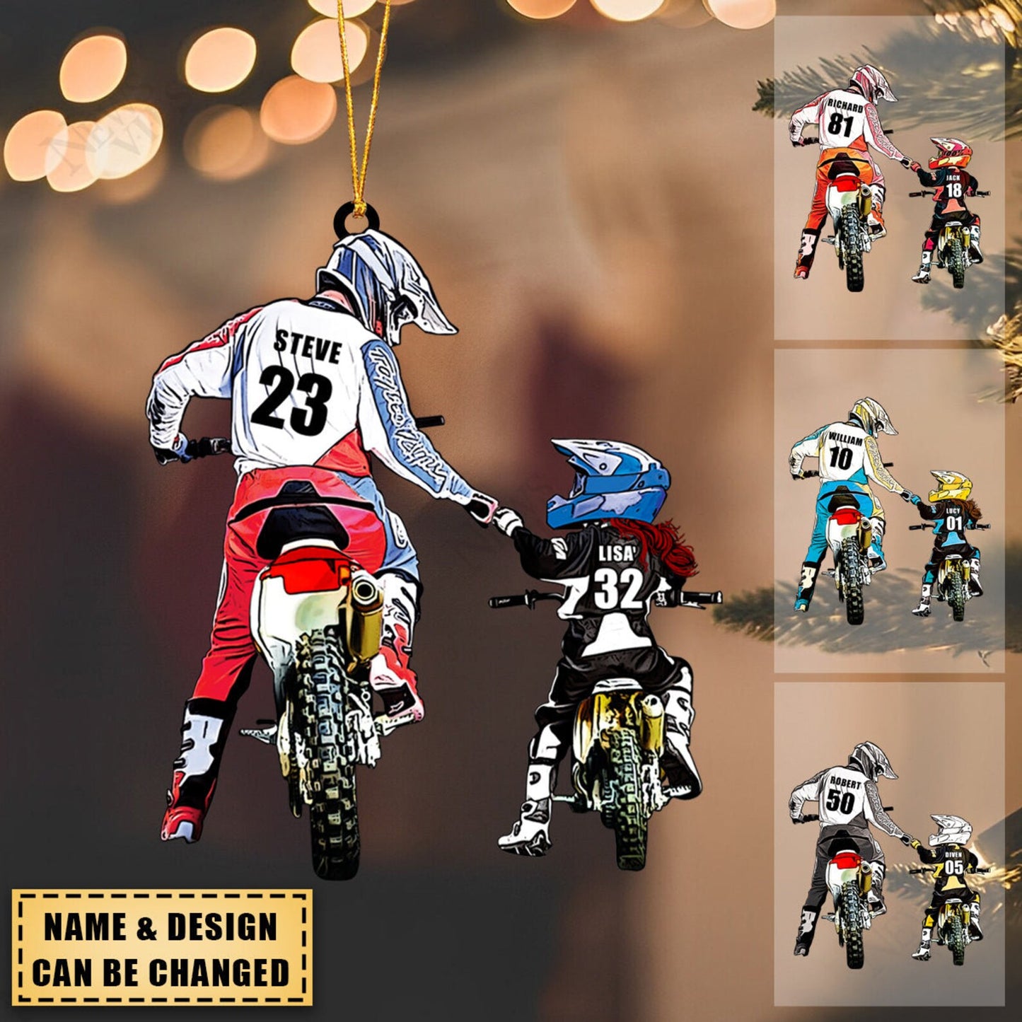 Personalized Dad And Kid Motocross Racer Ornament, Custom Name Dirt Biker Flat Christmas Ornament ON0437