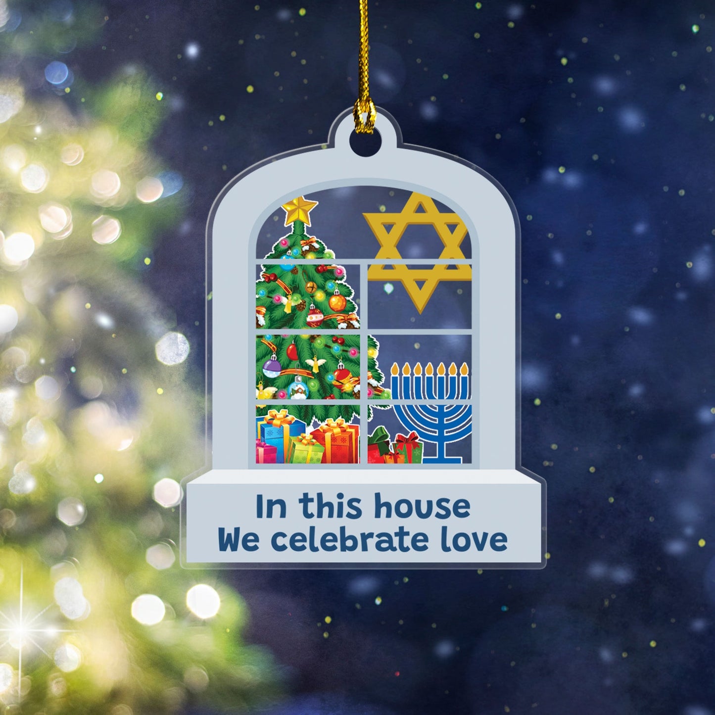 In This House We Celebrate Love Christmas Ornament, Custom Hanukkah Ornament ON1256