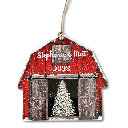 Personalized Red Barn Christmas Ornament, Custom Family Name Farmhouse Ornament ON1332