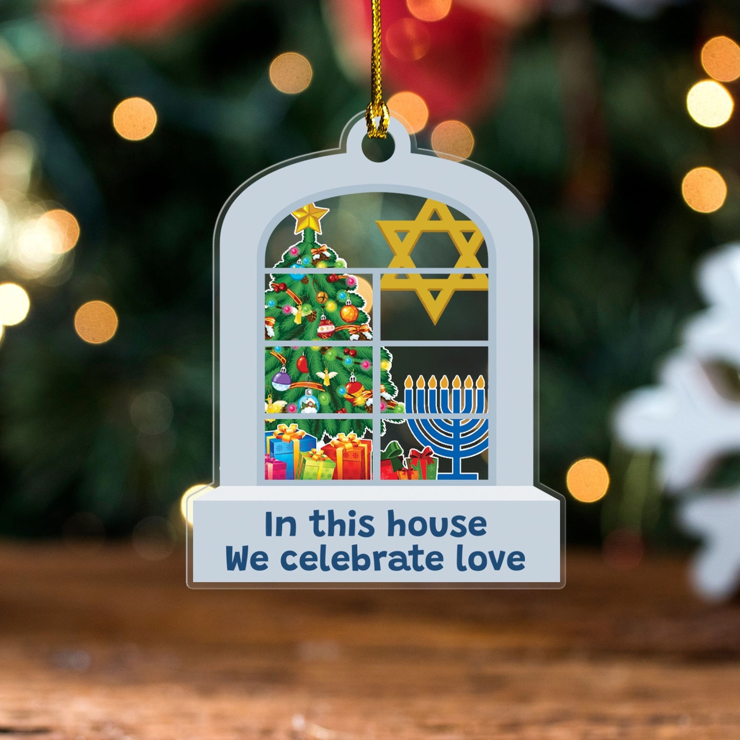 In This House We Celebrate Love Christmas Ornament, Custom Hanukkah Ornament ON1256