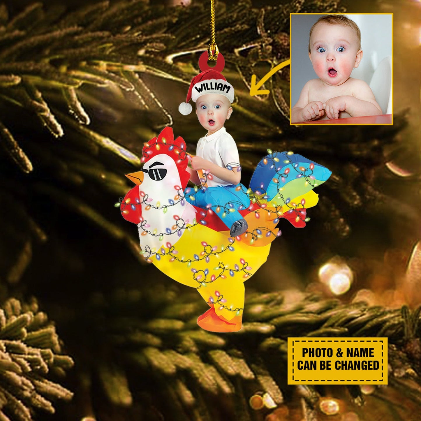 Custom Photo Kid Rides Rooster Christmas Ornament, Personalized Photo Baby Face Xmas Ornament ON0871