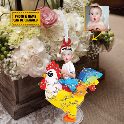 Custom Photo Kid Rides Rooster Christmas Ornament, Personalized Photo Baby Face Xmas Ornament ON0871